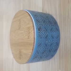 Ceramic Blue Container with Wooden Lid  4 1/2" Diameter 2 1/2" Height